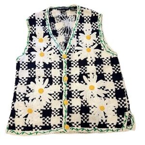 Navy & White Daisy Knit Vest with Yellow Accents